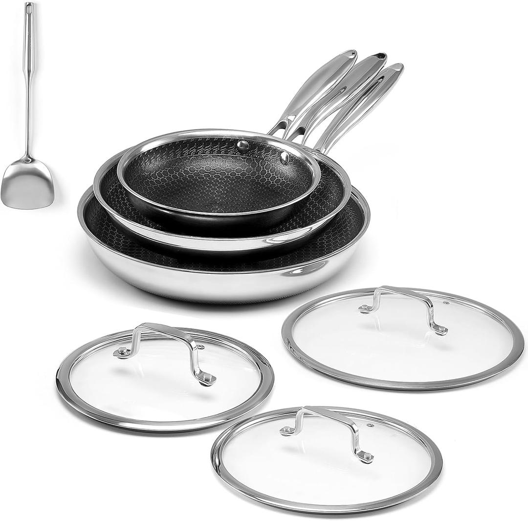 Non Stick Frying Set, 8, 10 and 12-Inch Hybrid Non Toxic Fry Pan Skillet with Lids, Dishwasher and Oven Safe, Induction Ready, Silver Kitchen Cookware set (7-Pcs Pan Set)