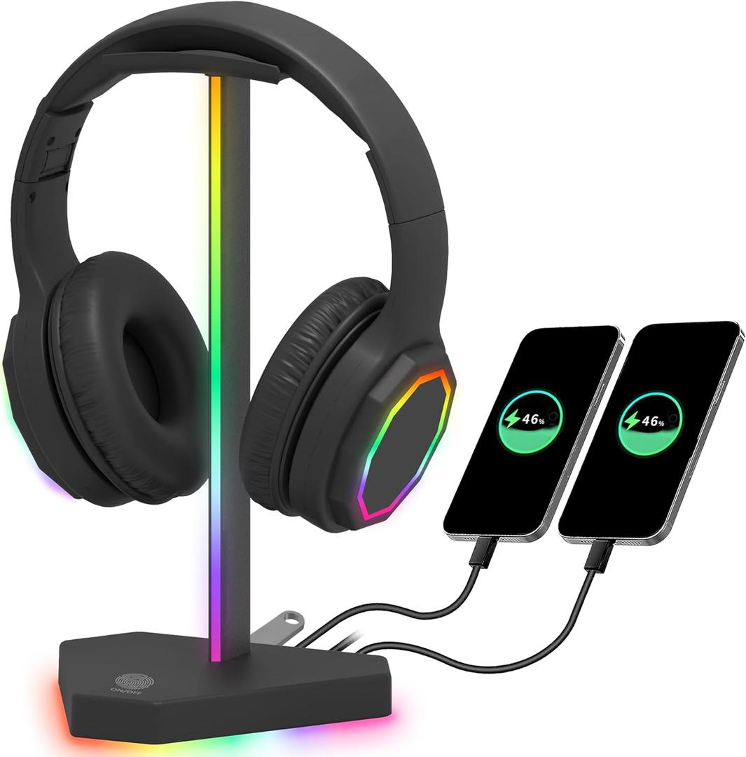 RGB Headphones Stand with 1 USB-C Data Transmission& 3 Type-C Charging Port, Desk Gaming Headset Holder with 7 Light Modes and Non-Slip Rubber Base (Black)