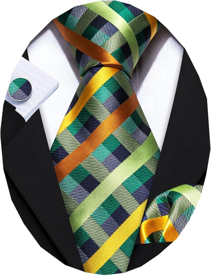 Barry.Wang Designer Classic Ties for Men Set Formal Pocket Square Cufflink Check Plaid (Green and Orange)