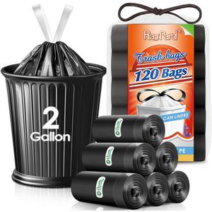 2 Gallon 120 Counts Strong Drawstring Trash Bags Garbage Bags by RayPard, Small Trash Bin Liners for Home Office Kitchen Bathroom Bedroom, Black