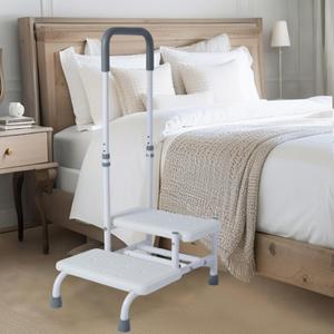 2 Step Stool with Handle for Elderly, Bed Steps for High Beds for Adults, Non Slip Platform and Adjustable Handrail, for Kitchen Bathroom RV Bathtub, Assist Rail for Elderly, Seniors, Hold up to350LBS (White)