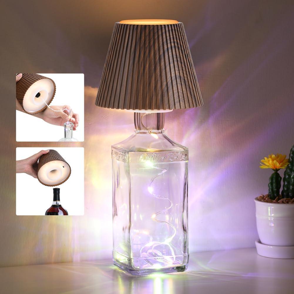 WILIT Wireless Bottle Lights for Bottles, 3-Level Brightness Rechargeable Lamp Shade for Bottle, Bar Lamps for Home Bar Decor with RGB Lights, Cordless Table Lamp for Bedroom, Gift for Her Men (RGB-Walnut Wood Grain)