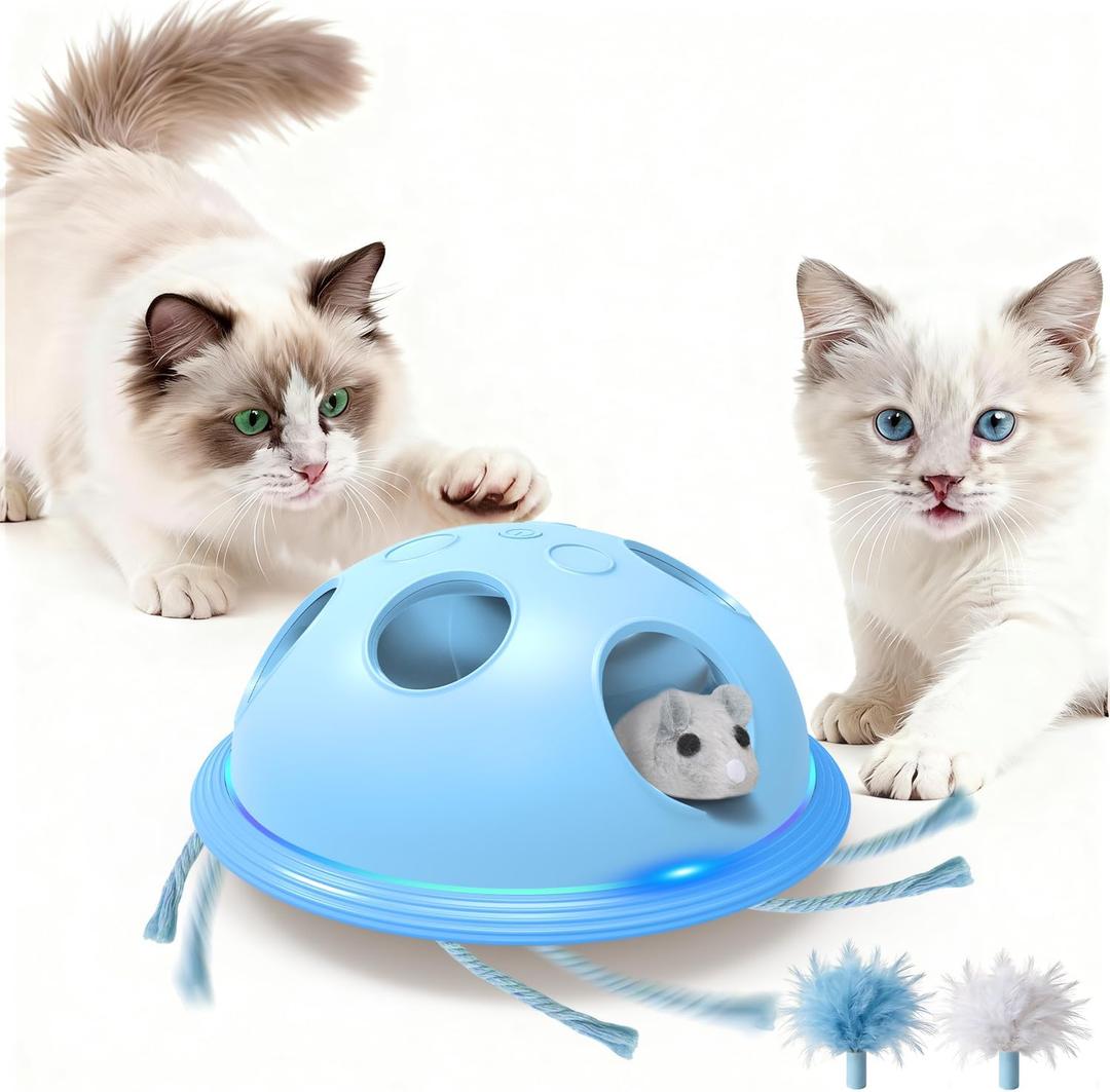 Pawingcat Automatic Cat String Toy 6 Holes Whack a Mole Cat Toy with Plush Running Cat Mouse Toy Hide and Seek Interactive Cat Toys for Indoor CatsBlue