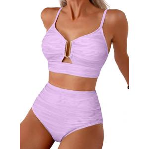 Herseas 2 Piece Bikini Set U-Wire Cutout Popular Swimsuit High Waisted Textured 2026 Summer Beach Swim Bathing Suits (Purple, XXL)