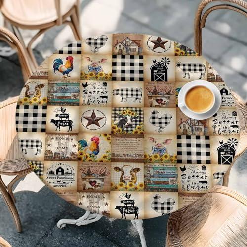 Chees D Zone Fitted Tablecloth for Round,Farm Animal Cow Pig Vintage Black Buffalo Plaid Table Cover with Elastic Edge Waterproof Tablcloth,Summer Sunflower Chicken Barn Circle Table Covers 55-60in