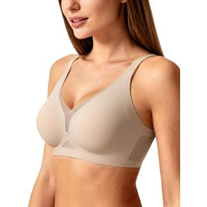 As Fairy Womens Sexy Deep V Mesh Wireless Bra Seamless Bralettes, Soft Support Breathable Comfort Daily Wear Brassiere (34DD, Beige)