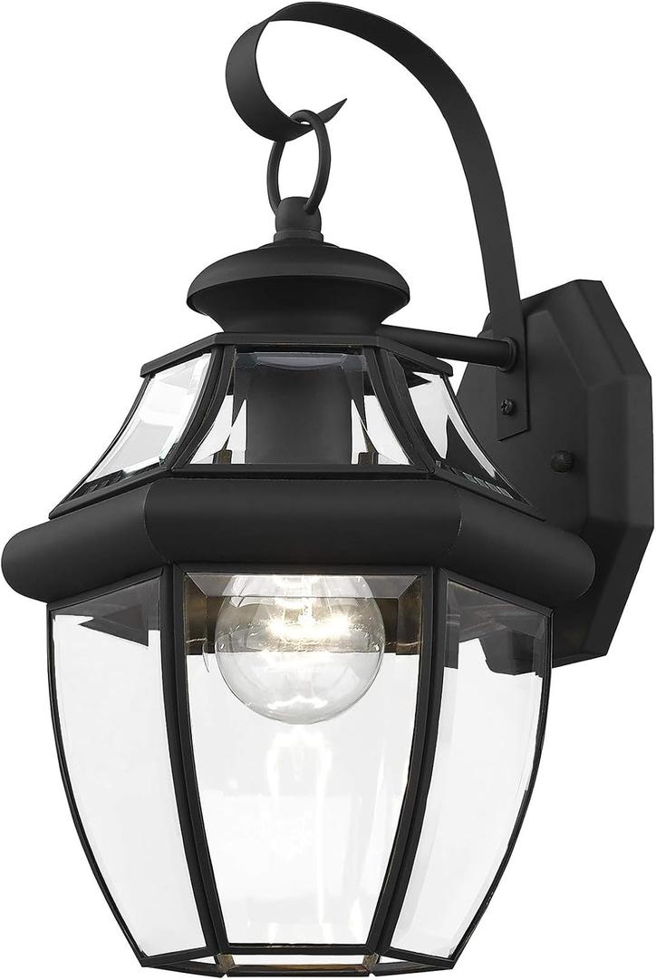 Livex Lighting 2151-04 Monterey 1 Light Outdoor Black Finish Solid Brass Wall Lantern with Clear Beveled Glass ("13"" x 8.5"" x 8.25""")