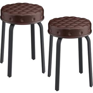 Sofeya Bar Stool Set of 2, 18.5 Inch Backless Round Faux Leather Stool with Metal Legs, Modern Stackable Upholstered Seated Short Bar Stools Chairs for Dining Room, Kitchen, Party, Brown
