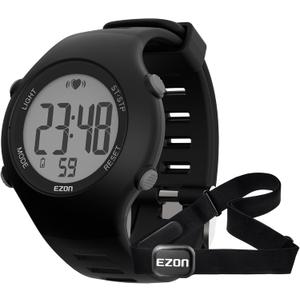 EZON Heart Rate Monitor Chest Strap and Digital Watch,5ATM Waterproof Fitness Tracker with HRM,Calories Burned,Stopwatch and Hourly Chime - Ideal Fitness Presents for Men and Women (Black)