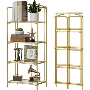 Crofy No Assembly Folding Bookshelf for Living Room, 4 Tier Gold Collapsible Book Shelf for Home Office, Portable Bookcase Storage Organizer