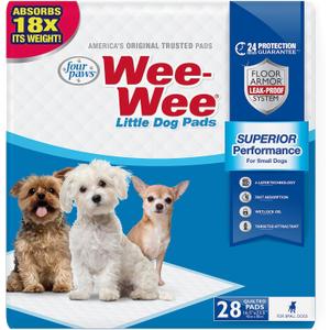 Four Paws Wee-Wee Superior Performance Unscented Little Pee Pads for Small Dogs, Leak-Proof Dog Housebreaking Potty Training Floor Protection, 16.5"x23.5", 28 Count