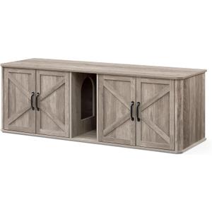 Feandrea Double Cat Litter Box Enclosure, Modern Litter Box Furniture Hidden for 2 Cats, Front Entry, Cat House, Side End Table, TV Stand, 59 x 19 x 19.5 Inches, Heather Griege UPCL010G01