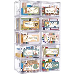 10-shelf School Subject Storage Organizer Clear Plastic Drawer Bins with Classroom Subject Labels Stackable Storage Organizer for School Supplies Homeschool Classroom Organization for Kids