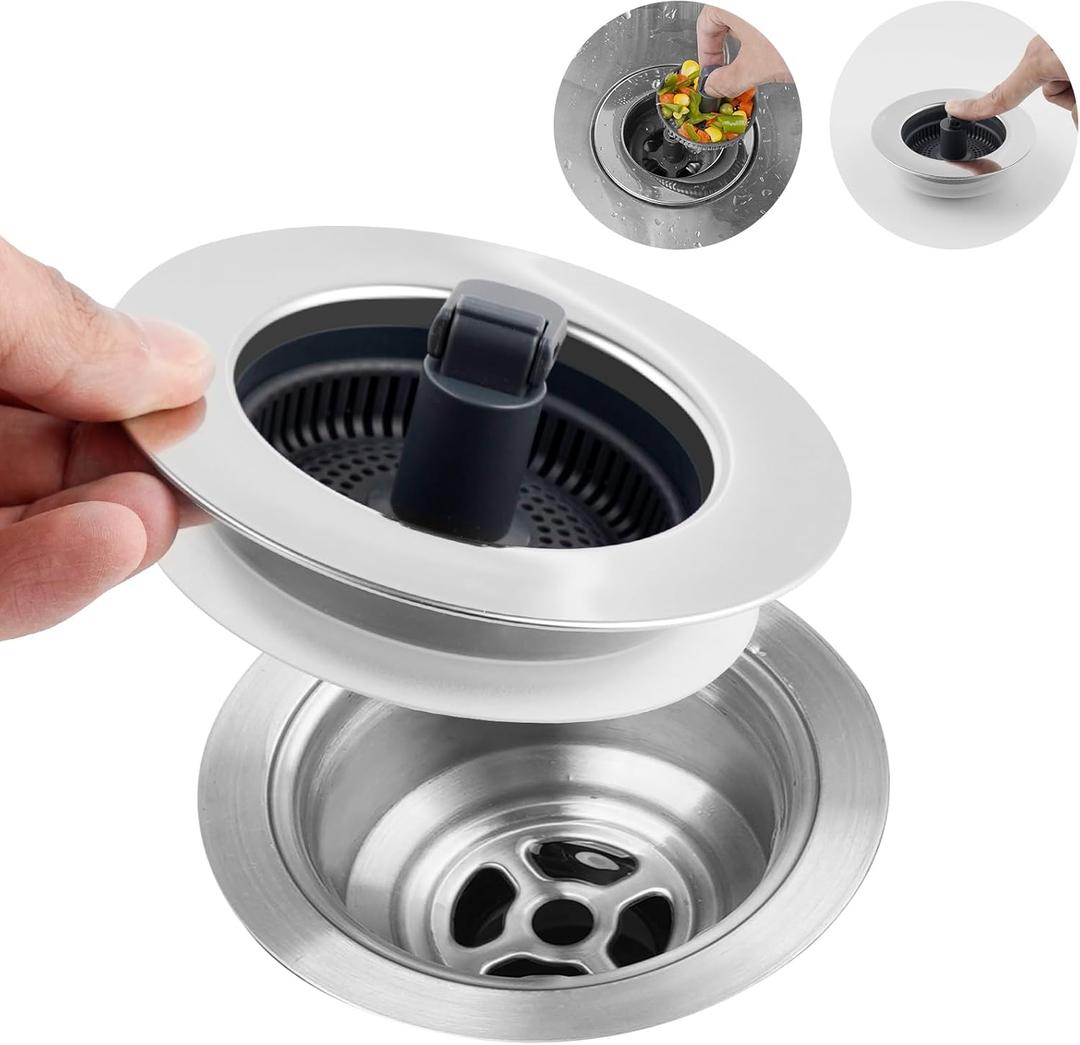 Hibbent 3 in 1 Kitchen Sink Drain Strainer, Stainless Steel Wrapped Shell Drain Stopper Combo, Pop Up Sink Stopper, Anti-Clogging Basket Strainer with Foldable Handle for US Standard 3-1/2" Drain