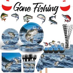 Fishing Birthday Party Decorations Tableware Set Serves 24 Guests, Gone Fishing Supplies for Boy Includes Plates, Napkins, Cups, Tablecloth, Cupcake Toppers, Banner for Fishing Party Decorations