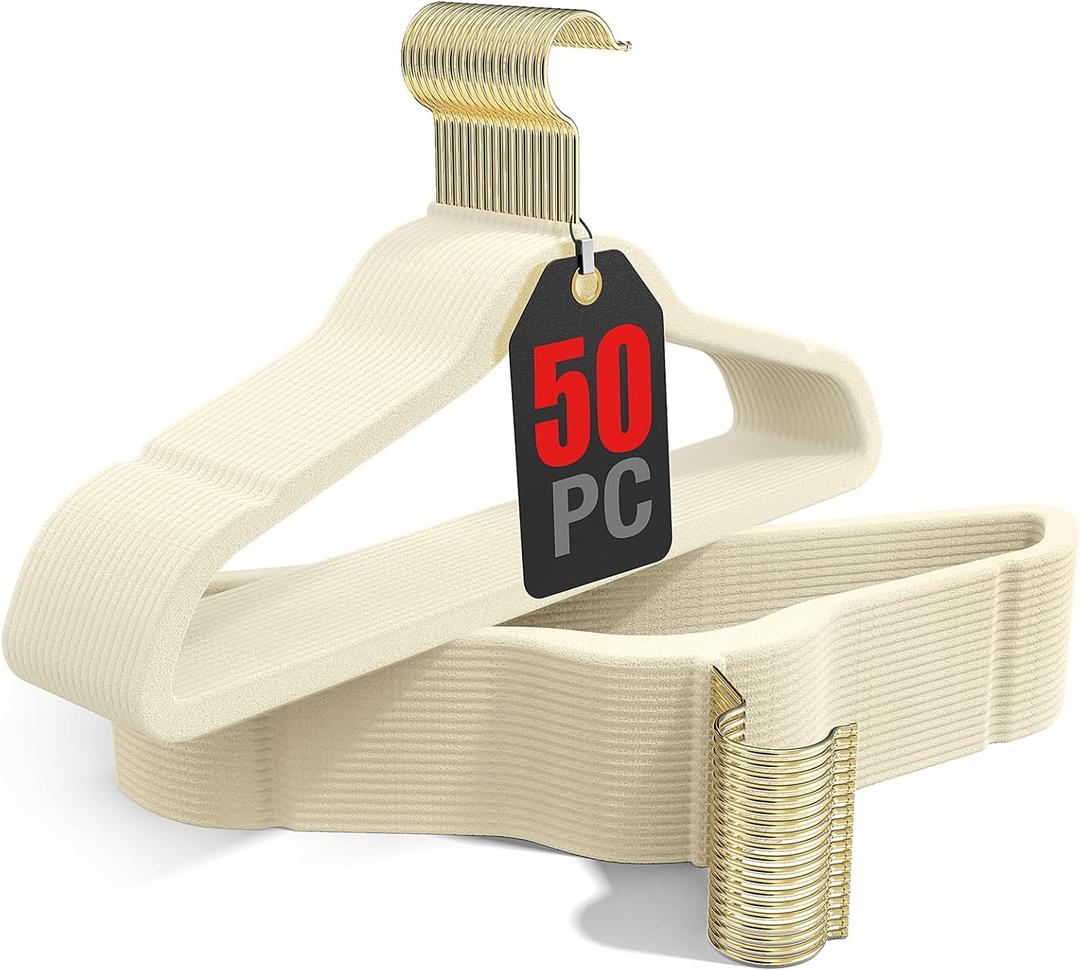 Korpai 50 Pack Beige Velvet Hangers,Coat Hanger Non Slip,Heavy-Duty,Space Saving,Slim Clothes Hangers for Pants,Outfit,Skirts,Suits,Coats,Dresses ect.Felt Hangers with Gold 360Swivel Hook