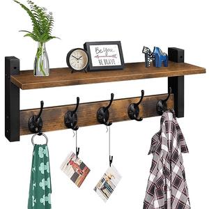 Homode Wall Hooks with Shelf, Wood Coat Rack with Shelf Wall-Mounted, Entryway Hanging Shelves with 5 Metal Hooks for Clothes Hats Towel Purse Robes, Bathroom Mudroom Bedroom, Rustic Brown Black, Size: 17.1 Inch Long