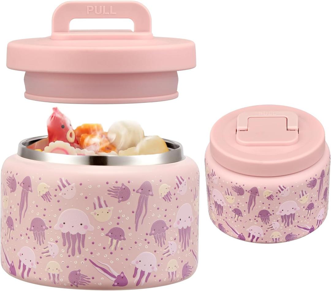JXXM 8 Oz Thermo Food Jar for Hot & Cold Food for Kids, Insulated Lunch Containers Hot Food Jar,Leak-Proof Vacuum Stainless Steel Wide Mouth Lunch Soup Thermo for School (Pink-Jellyfish)