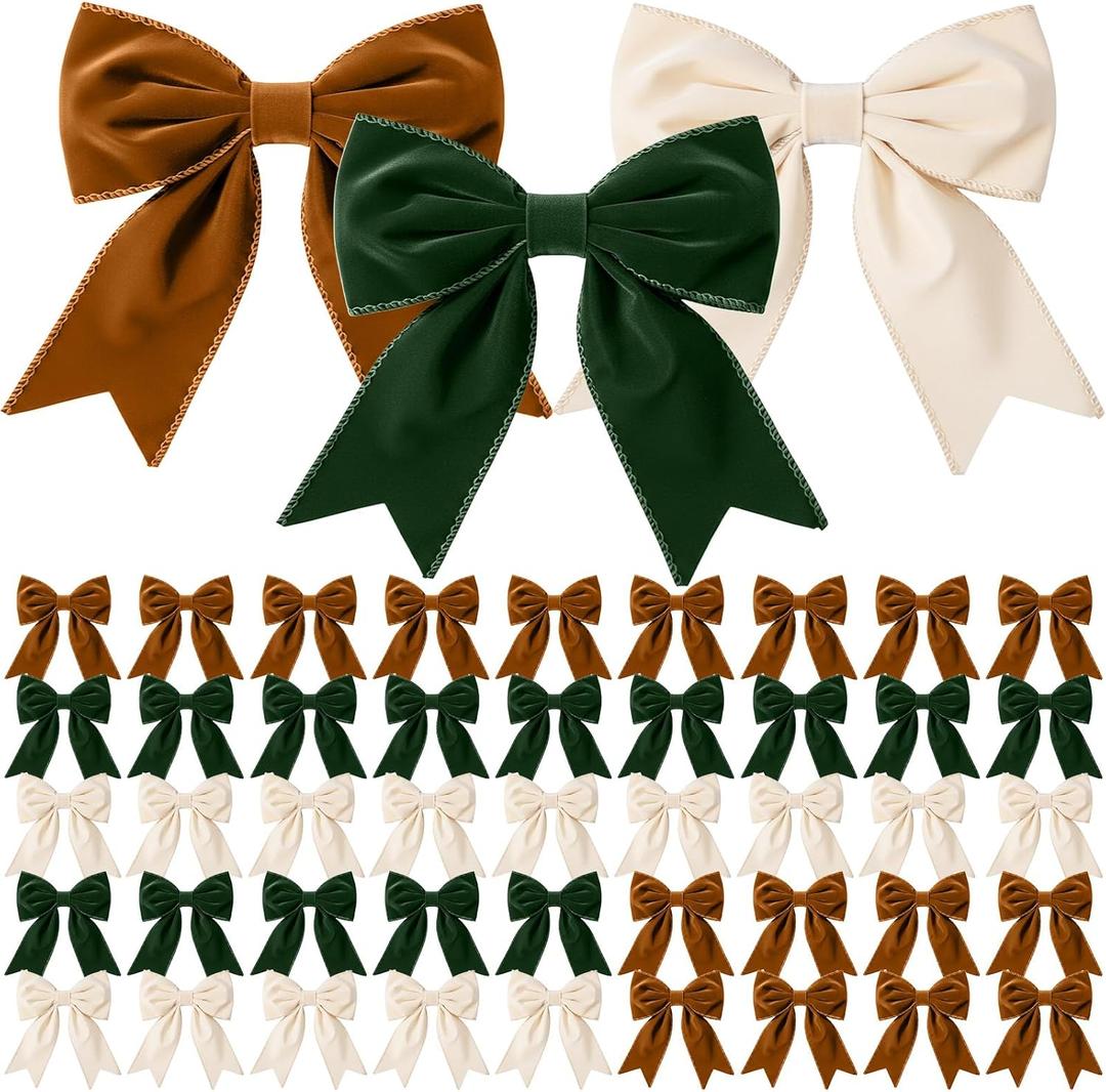 Yinkin 50 Pcs Christmas Velvet Bows Bulk for Xmas Tree 5.5'' Rustic Crafts Velvet Ribbon Bows Vintage Farmhouse Xmas Wreath Ornaments for Gift Wrapping Home Front Door(Khaki, Green, Warm White,50 Pcs)