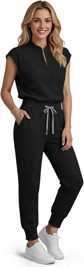 Scrubs for Women Set, Medical Women Scrubs-Stand-Up Collar Scrub Top & Jogger Scrub Pants with 8 Pockets (S)