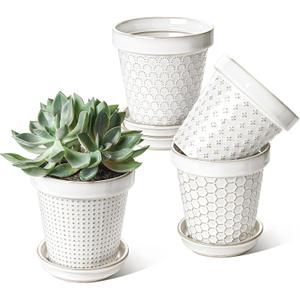 LE TAUCI Ceramic Plant Pots, 4.9 Inch Flower Pots with Drainage Hole & Saucer, Embossed Planter Pots for Indoor Plant Succulent, Orchid, Cactus, Home Decor - Set of 4, Arctic White