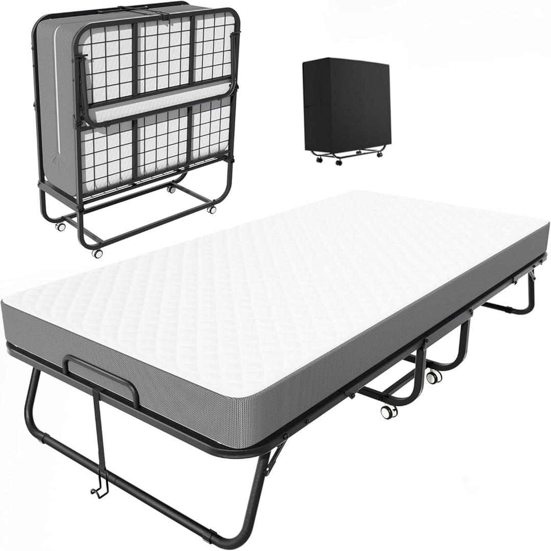 INTERGREAT Folding Bed with Mattress, Roll Away Beds with Mattress for Adults, Single Cot Foldable Rollaway Beds, 75" x 31" Portable Bed for Easy Storage, Strong Frame for Guest Room, Small Apartment