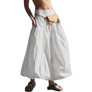 Sutusu Women Y2k Bubble Maxi Skirt Summer Elastic Low Waist A Line Long Skirt Casual Fairy Ruffle Pleated Midi Dress Beige, Large