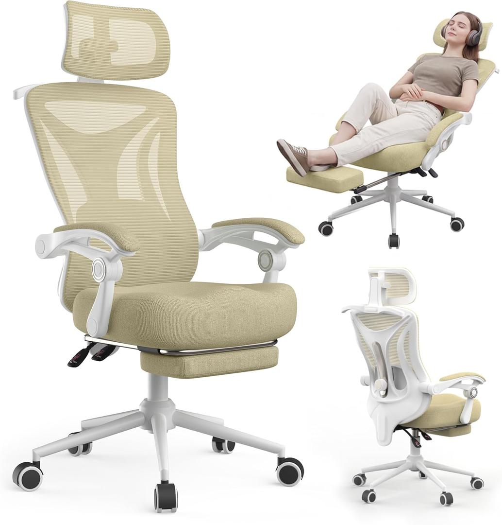 Ergonomic Office Chair with Footrest - Adjustable Lumbar Support & Headrest, 90-160 Reclining Mesh Back Computer Chair - Home Office/Gaming, 350lbs Capacity (Beige)
