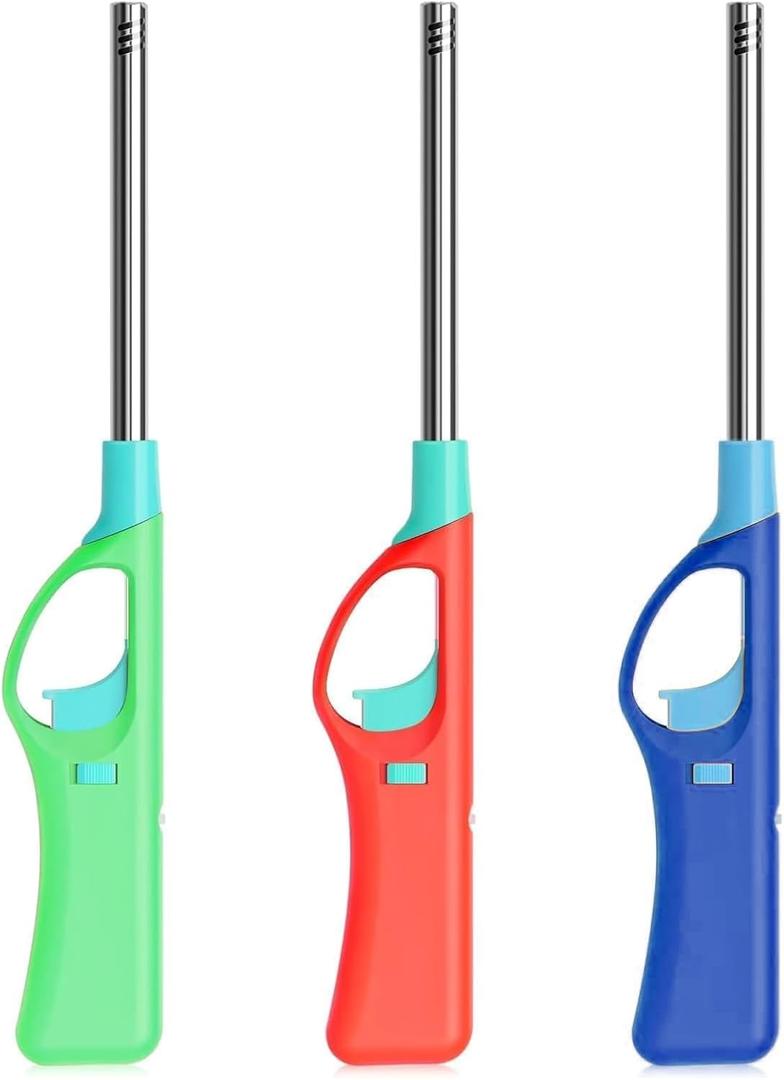 3Pcs Refillable Butane Lighters, Larger BBQ Grill Click Flame Long Stem Lighter Adjustable Soft Flame Multipurpose Lighters(No Butane Fuel Inside) (Upgrade Version)