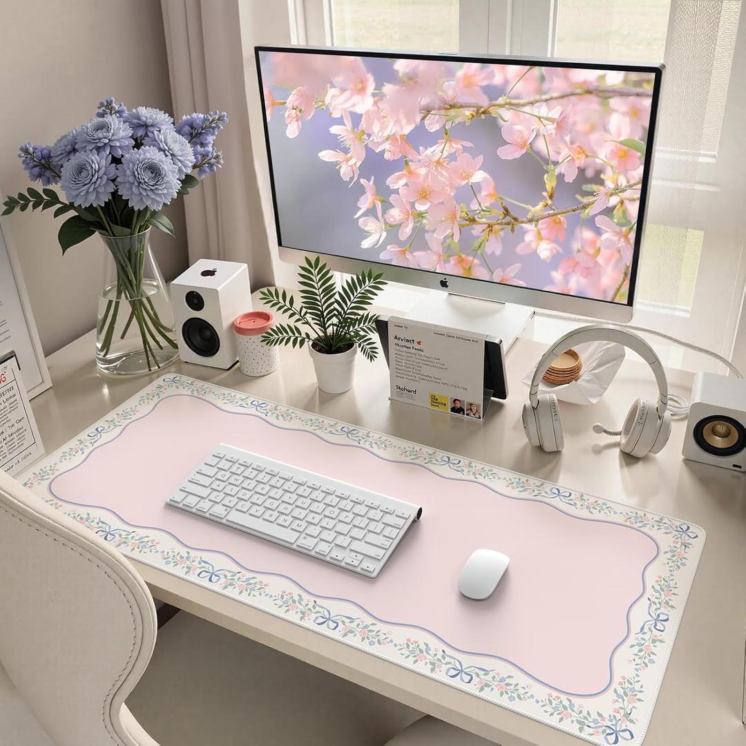 HAOCOO Cute Girly Computer Mat, Pink Bow XXL Mouse Pad for Gaming & Office, Non-Slip Waterproof Desk Matt for Desktop, Aesthetic Home Desk Accessories, Desk Pad Protector with Stitched Edges