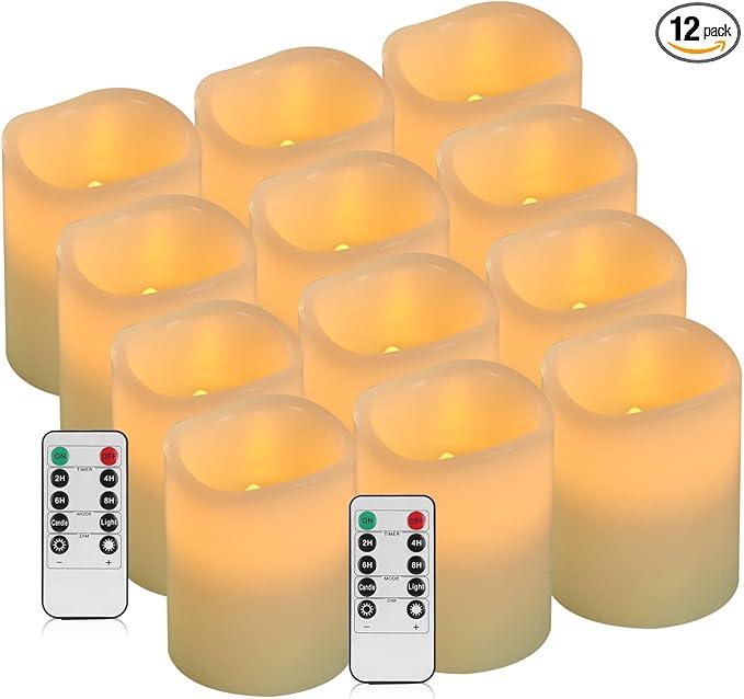 Vinkor Flameless Candles Battery Operated Candles Real Wax Pillar LED Candles with 10-Key Remote and Cycling 24 Hours Timer (Ivory Set of 12 （D: 3" x H: 4"）)