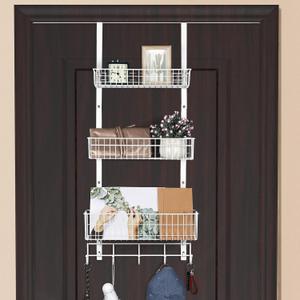 ETELI Over The Door Basket Organizer with 3 Mesh Baskets and 5 Hooks Heavy Duty Pantry Door Organizer Back of Door Storage Rack for Bathroom, Kitchen, Office, White