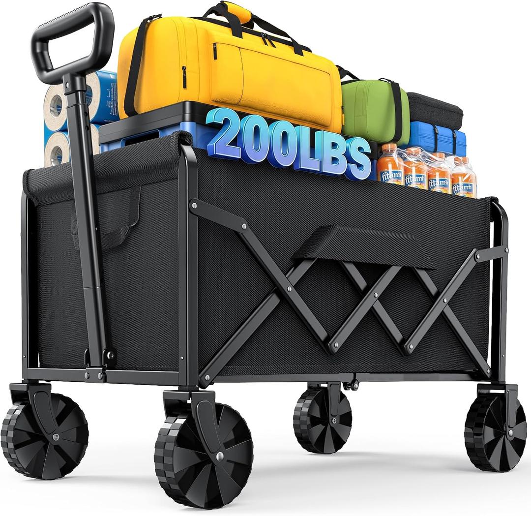 Kitsure Collapsible Wagon with Wheels, Foldable Dog Wagon Carts with 200lbs Load Capacity, Utility Shopping Cart, Black, 28.0" x 17.0" x 36.0"