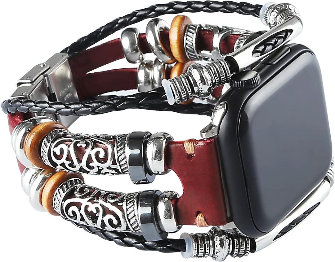 Compatible with Apple Watch Band 46mm 45mm 44mm 42mm 41mm 40mm 38mm 49mm, iWatch Series 10/9/8/7/SE/6/5/4/3/2/1/Ultra, Leather Boho Bracelets Jewelry Multilayer Metal Cuff Retro Strap for Men&Women