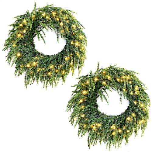 TOWPONICS 24in Pre-Lit Christmas Wreaths for Front Door, Norfolk Pine Wreath with 50 LED RGB String Lights Battery Operated, Artificial Christmas Garland Green Wreath for Indoor, Outdoor Decor (2PCS)