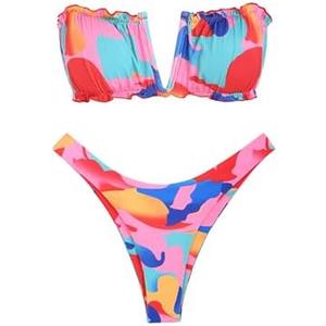 ZAFUL Women's Strapless Ribbed V Wired Lace Up Ruffle Tie High Cut Bandeau Swimsuits Bikini Set L
