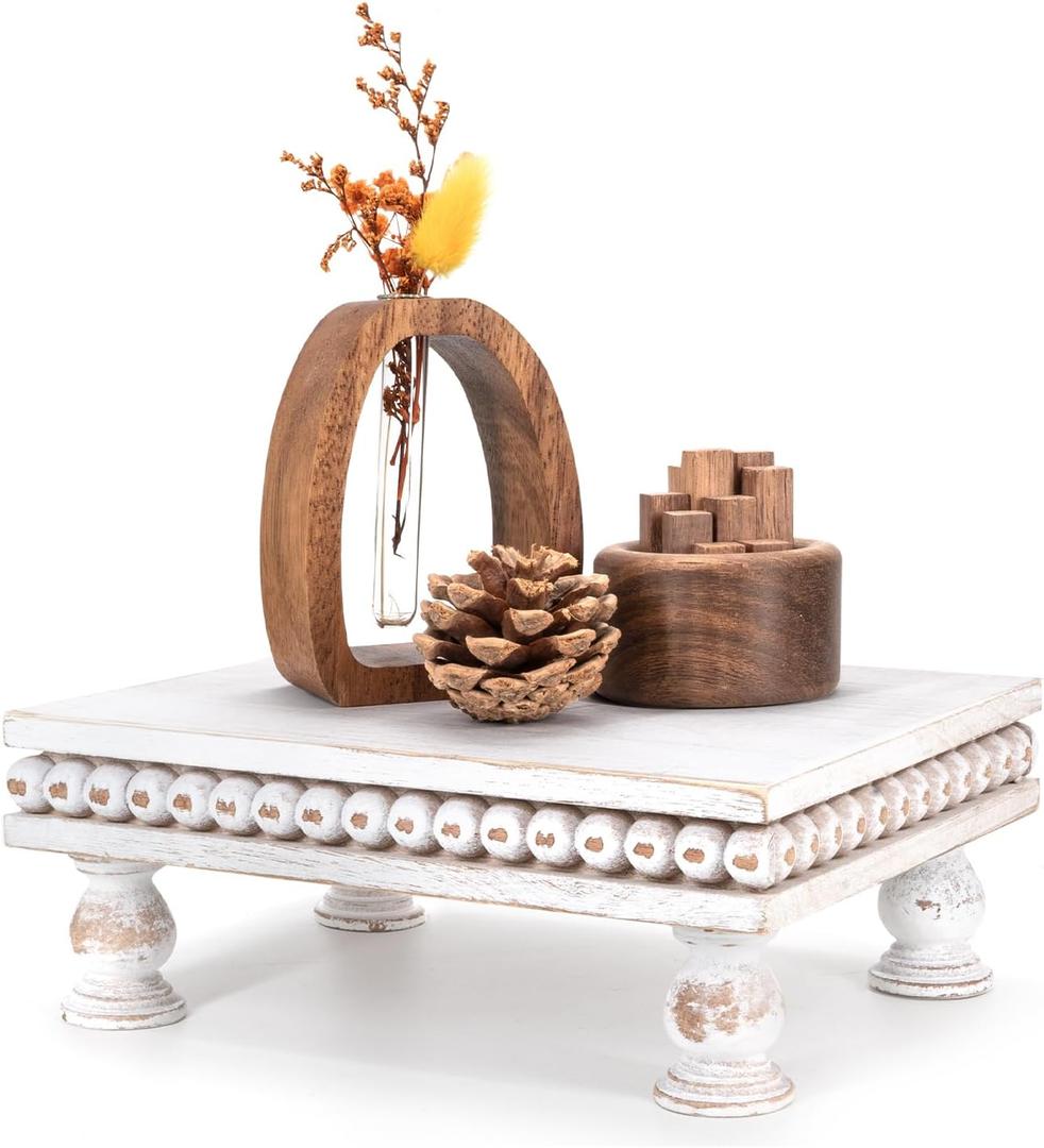 EOSAHR Pine Wood Display Riser Modern Farmhouse Style Pedestal Stand for Room Decor, New House Essentials, Cake Stand or Coffee Table Accents Boho Chic Decor Style(Distressed White)