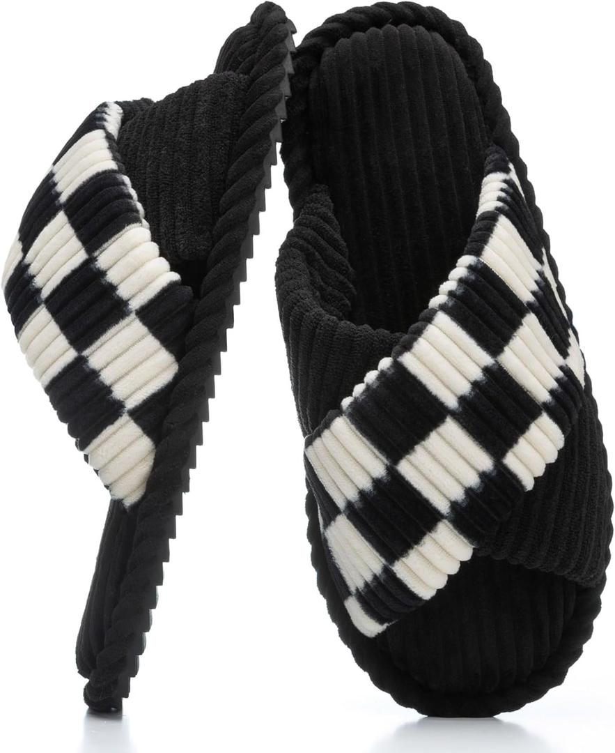 Slippers for Women Memory Foam House Bedroom Corduroy Crossbands Open Toe Slides Sandals Shoes Comfy Trendy Gift for womens Anti-Skid sole (9-10, Checkered Black)
