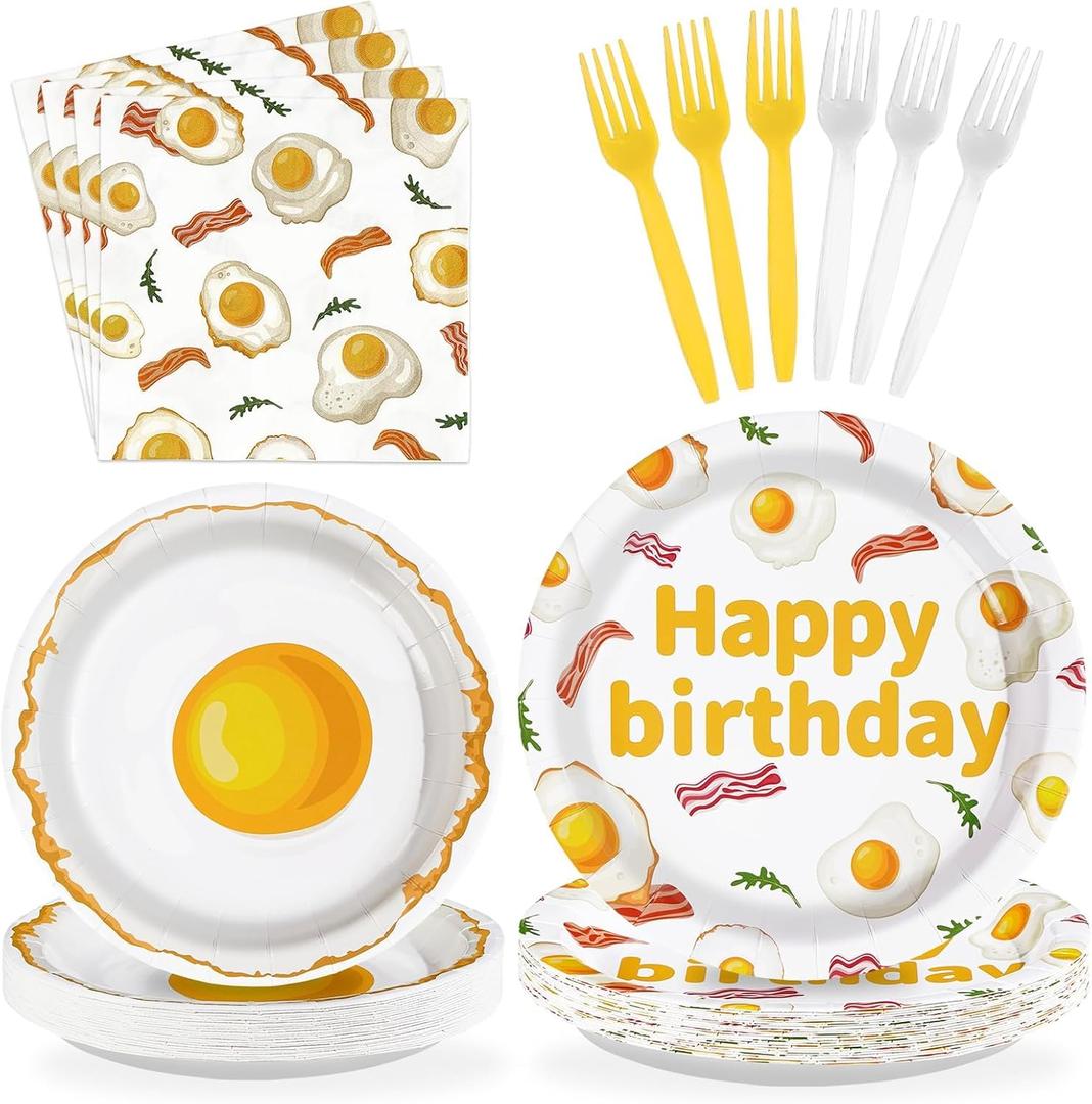 96Pcs Breakfast Birthday Decorations Bacon Fried Egg Plates and Napkins Xmas Brunch Theme Birthday Decoration Favors for Kids Adults Bday Baby Shower BBQ Picnic Holiday Party Supplies Serves 24