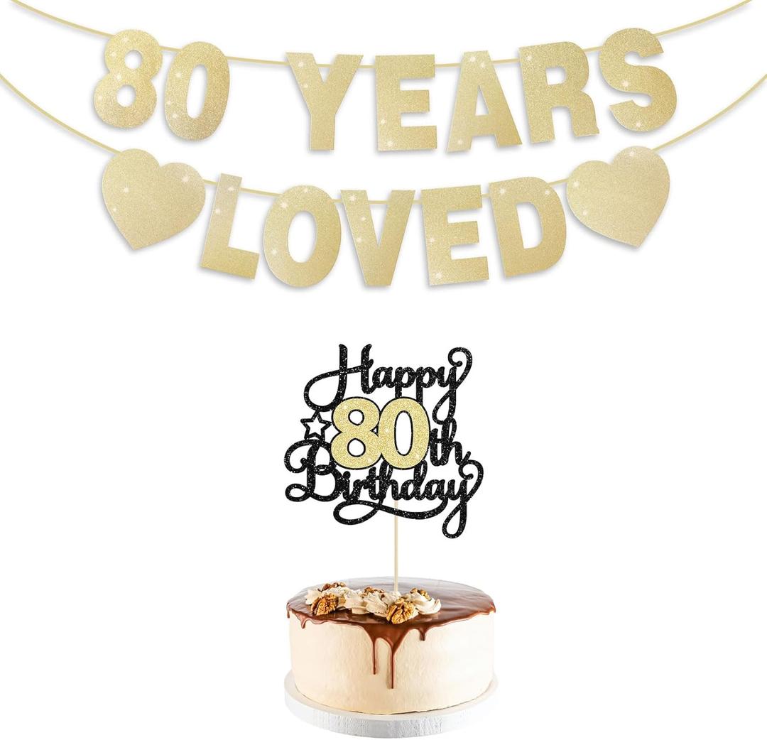 2 x 80th Birthday Decorations for Men Women, Gold Glitter 80th Birthday Banner with Cake Topper 80 Years Loved Banner 80 B-DAY Party Decorations