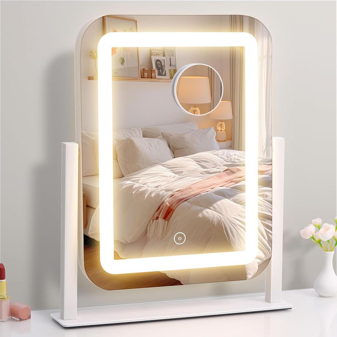 Vanity Mirror with Lights, 12"13.9" Makeup Mirror with LED Lights, Lighted Makeup Mirror with Smart Touch Control & 3 Dimmable Color Modes, Mirror with Lights for Desk, Bedroom, Dressing Room