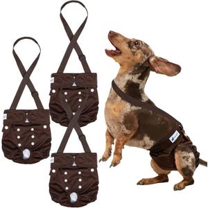 Pet Soft Dog Diapers Female with Suspenders, Pack of 3 Reusable Female Dog Diapers for Heat, Dog Period Panties for Doggie in Cycle(Small, Bear Brown) (Small:10''-14'')