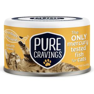 Pure Cravings Wet Cat Food Canned Mackerel and Sardine Cutlets in Gravy, Every Catch is Mercury Tested, Moist Can Fish for Cats, Grain-Free, Protein, Non-GMO, Pack of 12 (EXP 05/31/26)