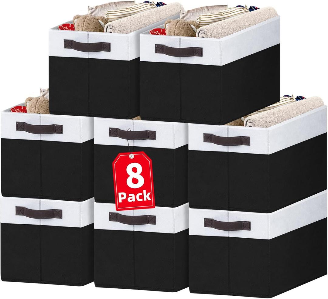 Criusia 8 Pack Large Storage Baskets for Room Organization, Multi-Purpose Bins for Closet, Shelves, Kitchen, Office, Decorative Fabric Foldable Storage Boxes with Handles (14L*10W*9.5H) (White with Black)