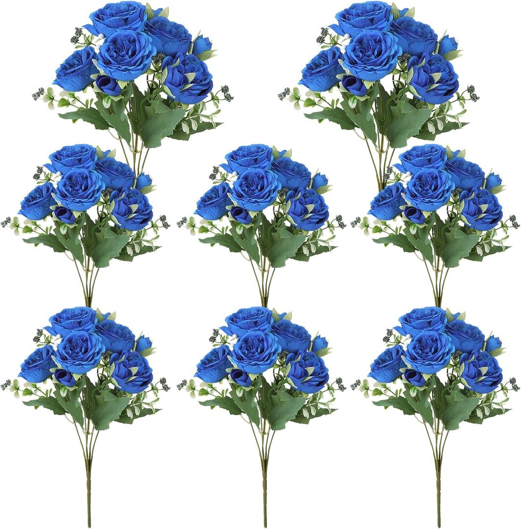 8 Pack Royal Blue Peonies Artificial Flowers, Faux Floral Fake Silk Hydrangea Bouquet for Bridal Wedding Home Table Decor Reusable Dining Opening Ceremony Birthday Arrangement