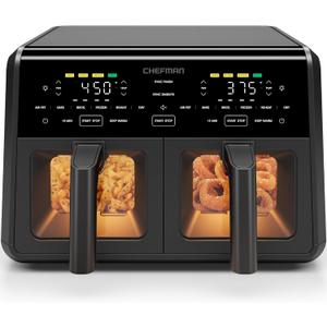 Chefman Dual Air Fryer Oven with DC Motor, 9 Qt. Double Basket Air Fryer with 450F Max Temp for Meals in Minutes, Bake, Broil, Dehydrate, Reheat for Extra-Crispy Chicken, Fries, and More - Black