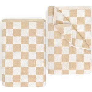 Jacquotha Checkered Beach Towels Set of 2 Oversized 35" x 70" (Sand) - Extra Large Quick Dry Cotton Bath Towels for Men, Women, Adults, Travel