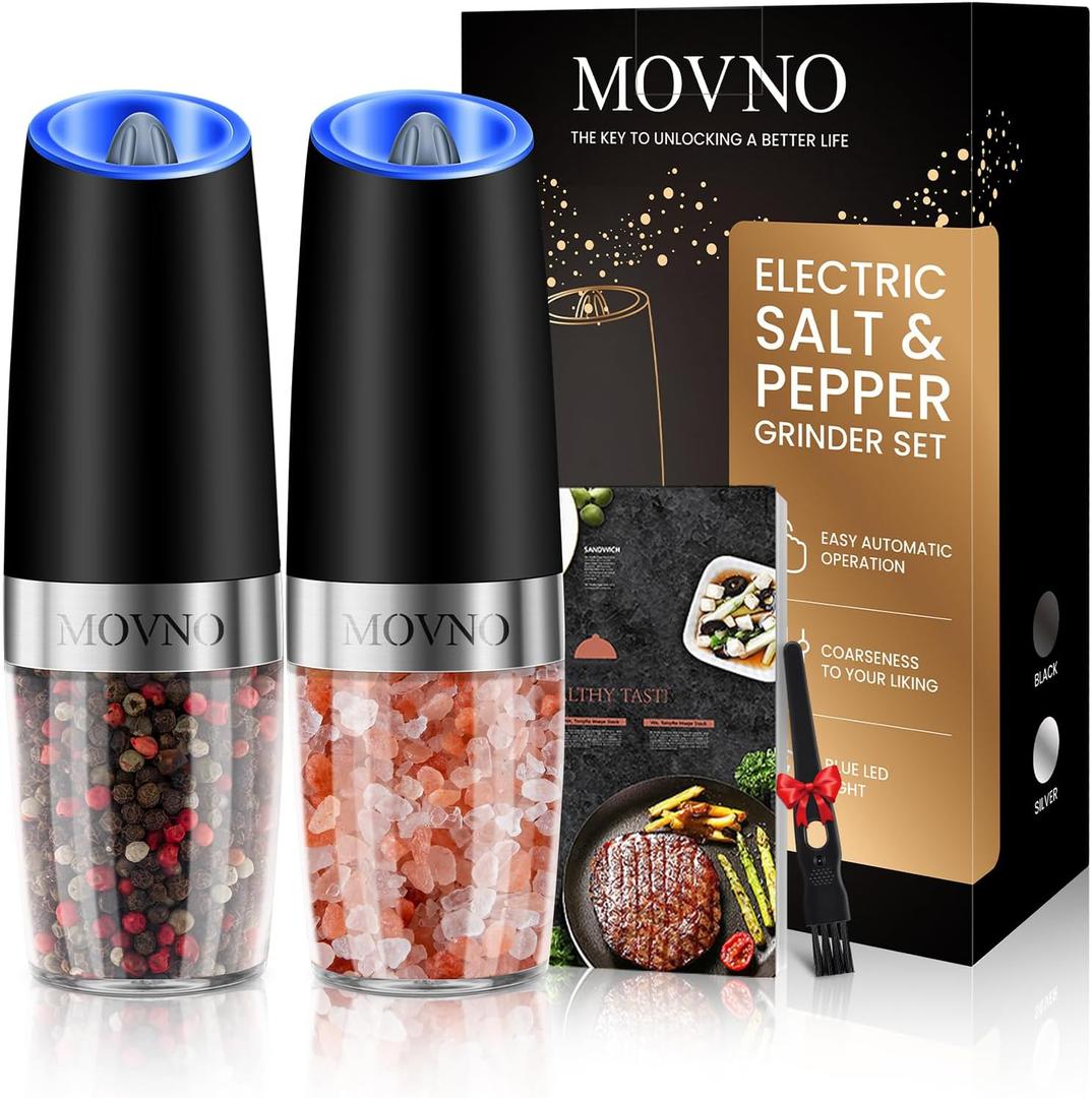 Gravity Electric Salt and Pepper Grinder Set, Battery Powered LED Light One Hand Automatic Operation, Adjustable Coarseness Mill Grinders Shakers Black (A.Black 2p)