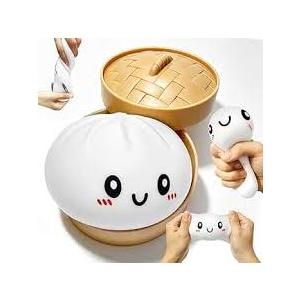 Dumpling Squishy Toys, Mystery Dumpling SquishySlow Rising Stress Relief Fidget Ball, Soft Squeeze Decompression Toy for Adults & Kids, Cute Steamer Basket Gift Set (White)