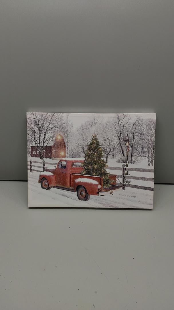 NIKKY HOME Christmas LED Lighted Wall Decor, 16 x 12 Inch Canvas Prints Art Light Up Red Truck Barn and Xmas Tree Pictures, Winter Snow Scene Indoor Holiday Decorations
